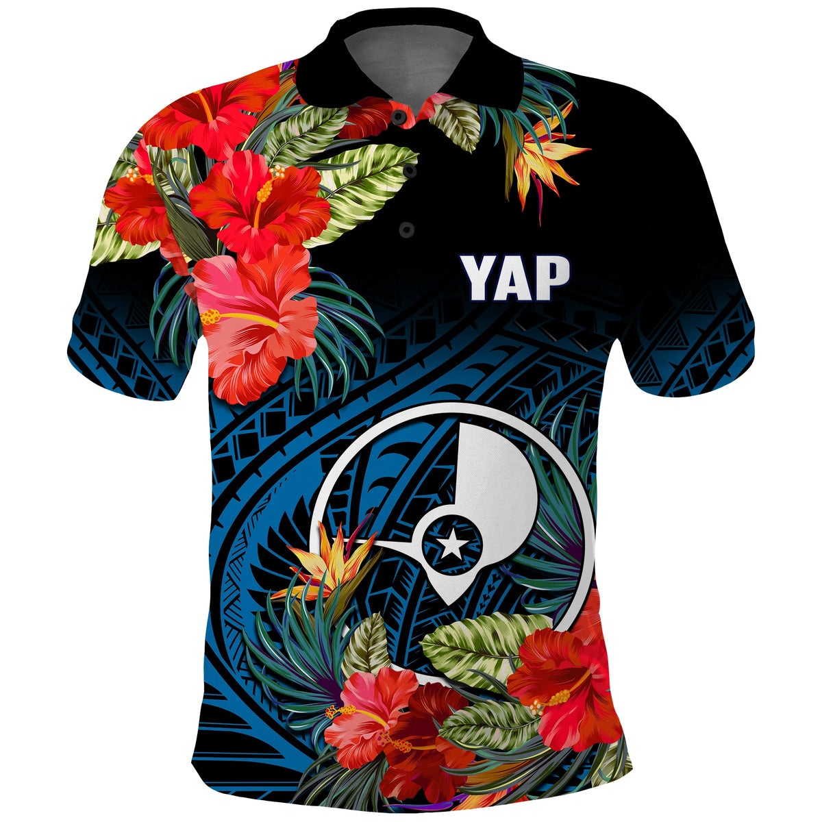 Yap State Polo Shirt FSM Hibiscus Flowers Mix Polynesian LT14 Blue - Polynesian Pride