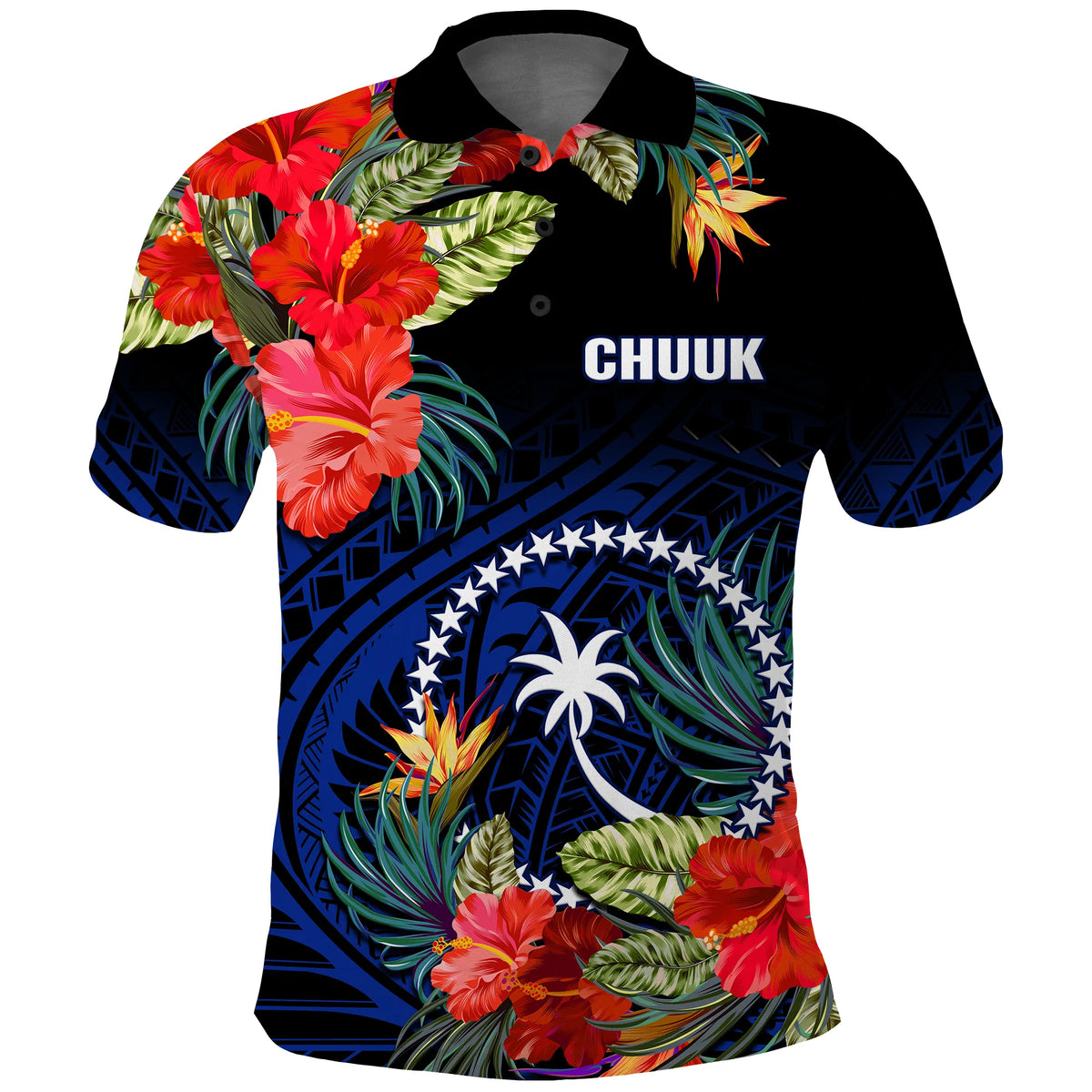 Chuuk State Polo Shirt FSM Hibiscus Flowers Mix Polynesian LT14 Blue - Polynesian Pride