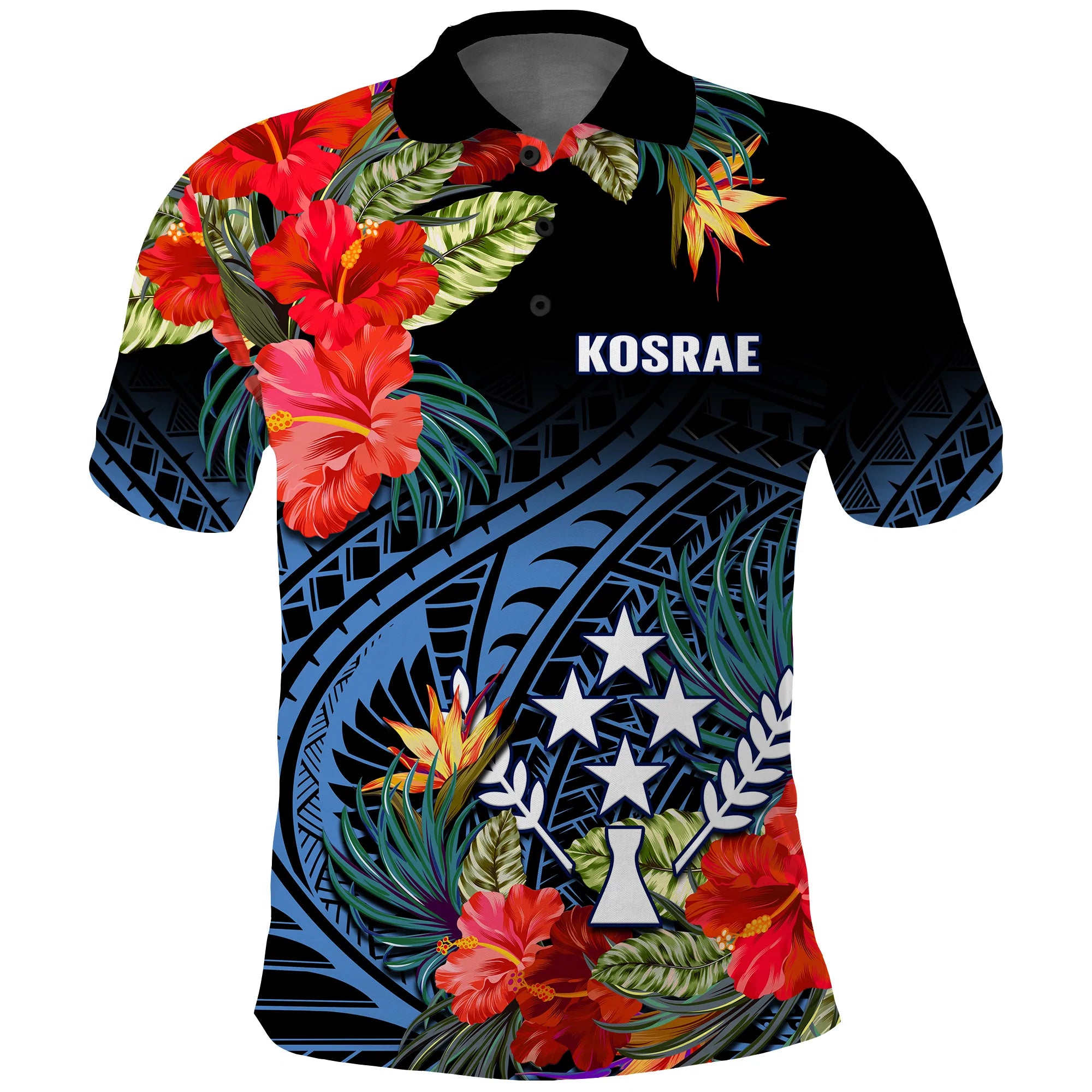 Custom Kosrae State Polo Shirt FSM Hibiscus Flowers Mix Polynesian LT14 Blue - Polynesian Pride