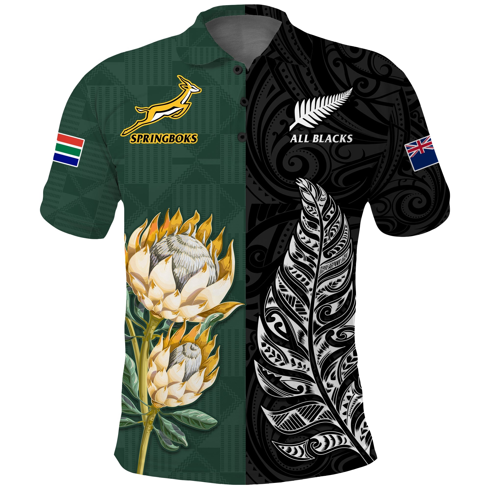 (Custom Text and Number) South Africa Protea and New Zealand Fern Polo Shirt Rugby Go Springboks vs All Black LT13 - Polynesian Pride