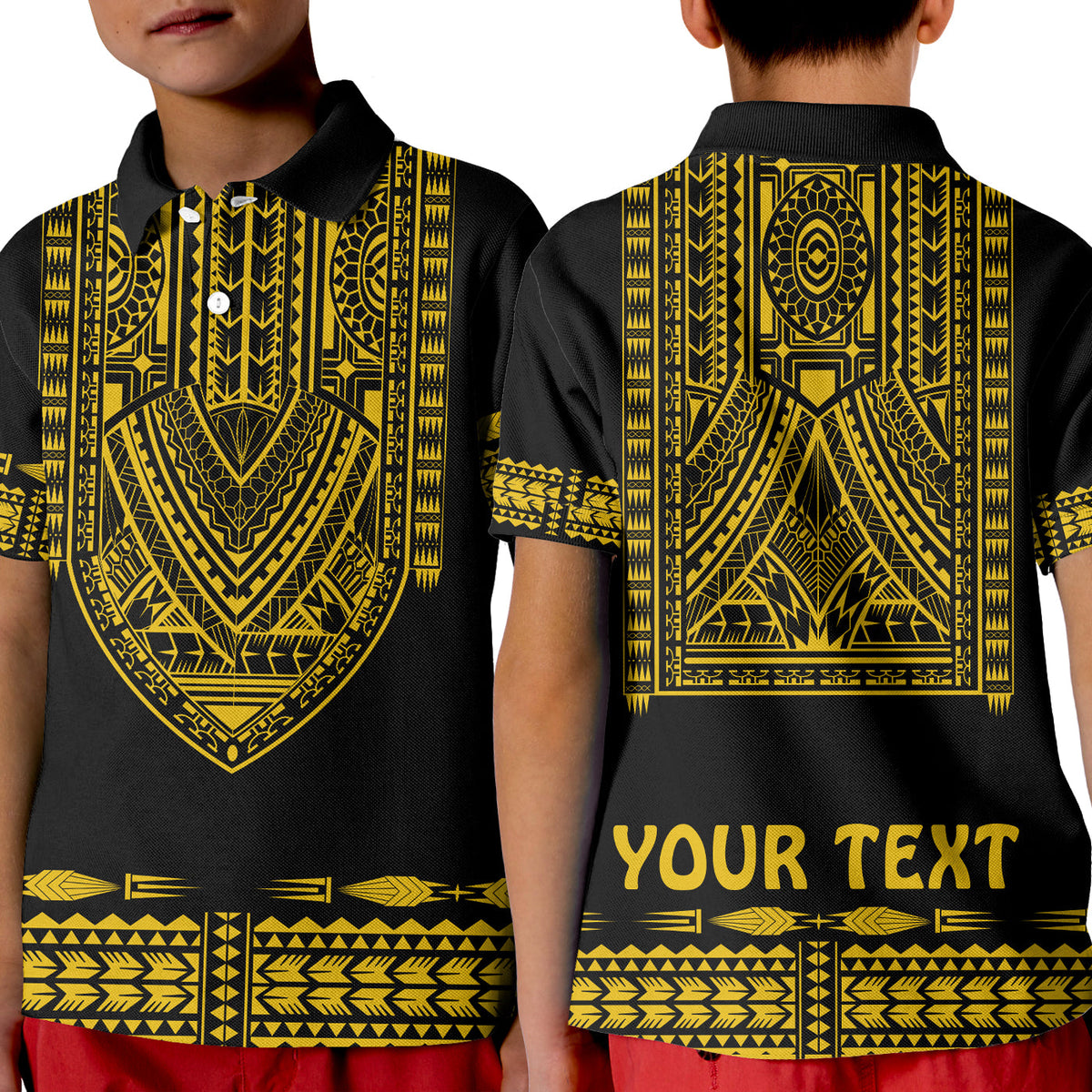 Custom Polynesian Polo Shirt Dashiki With Polynesian Tattoo Royal Golden Version LT14 Kid Black - Polynesian Pride