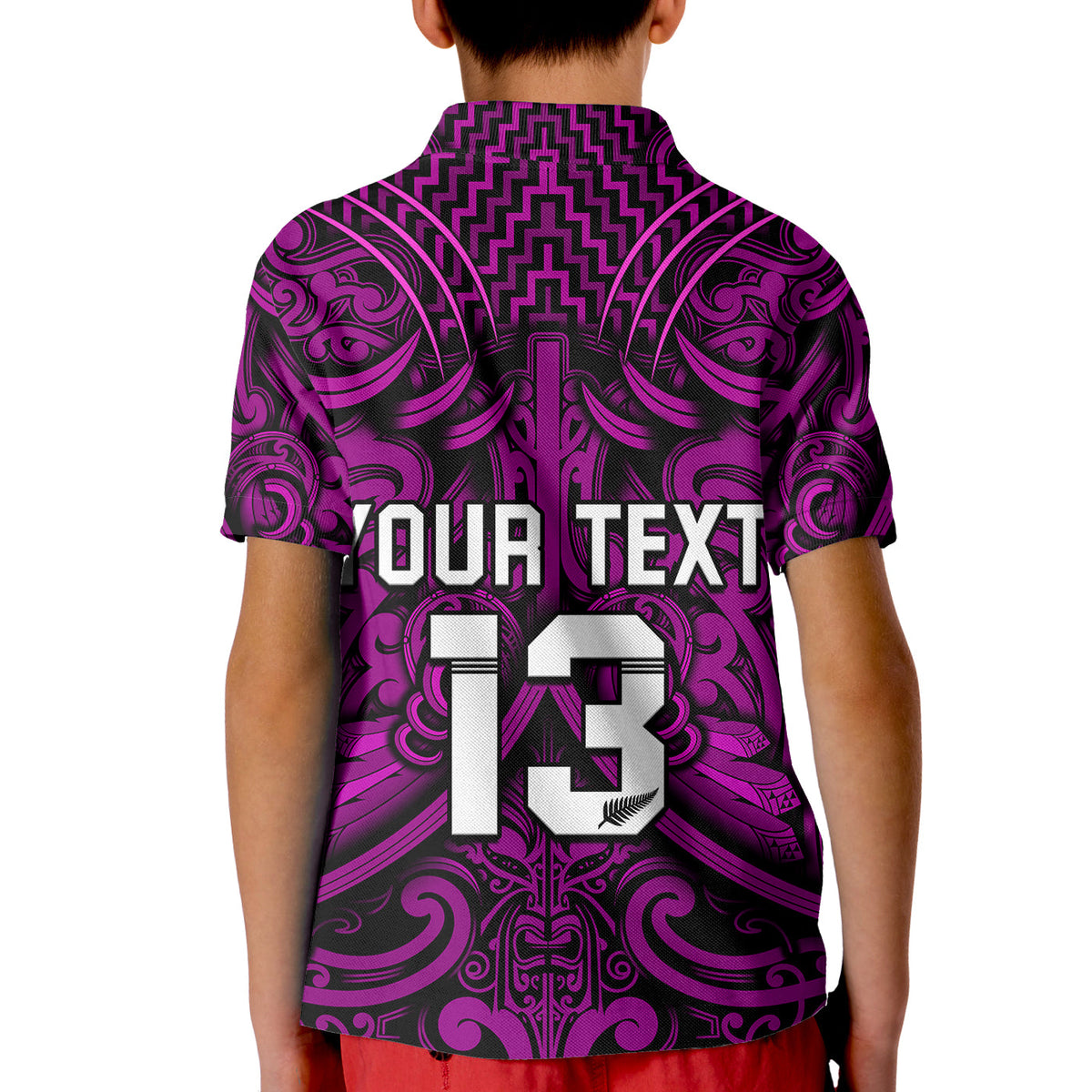 (Custom Text and Number) New Zealand Silver Fern Rugby Polo Shirt KID All Black Purple NZ Maori Pattern LT13 - Polynesian Pride