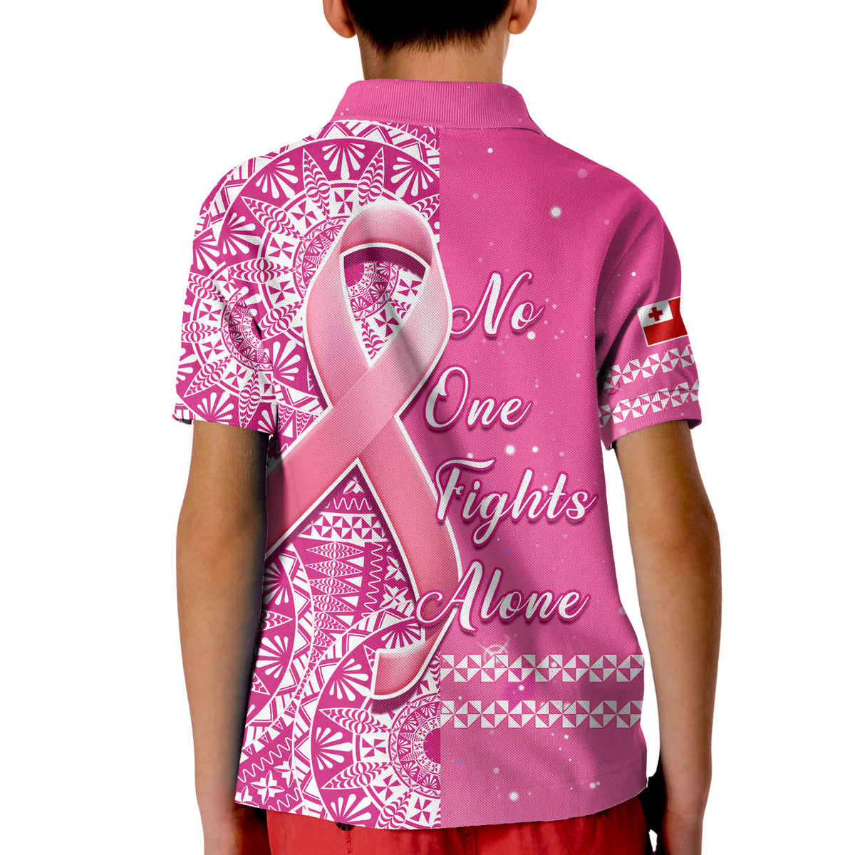Tonga Breast Cancer Polo Shirt KID Tongan Ngatu Pattern No One Fights Alone LT14 - Polynesian Pride