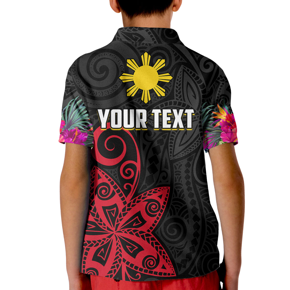 Custom Philippines Polo Shirt Sun Filipino Polynesian mix Flowers Black Vibe LT13 - Polynesian Pride