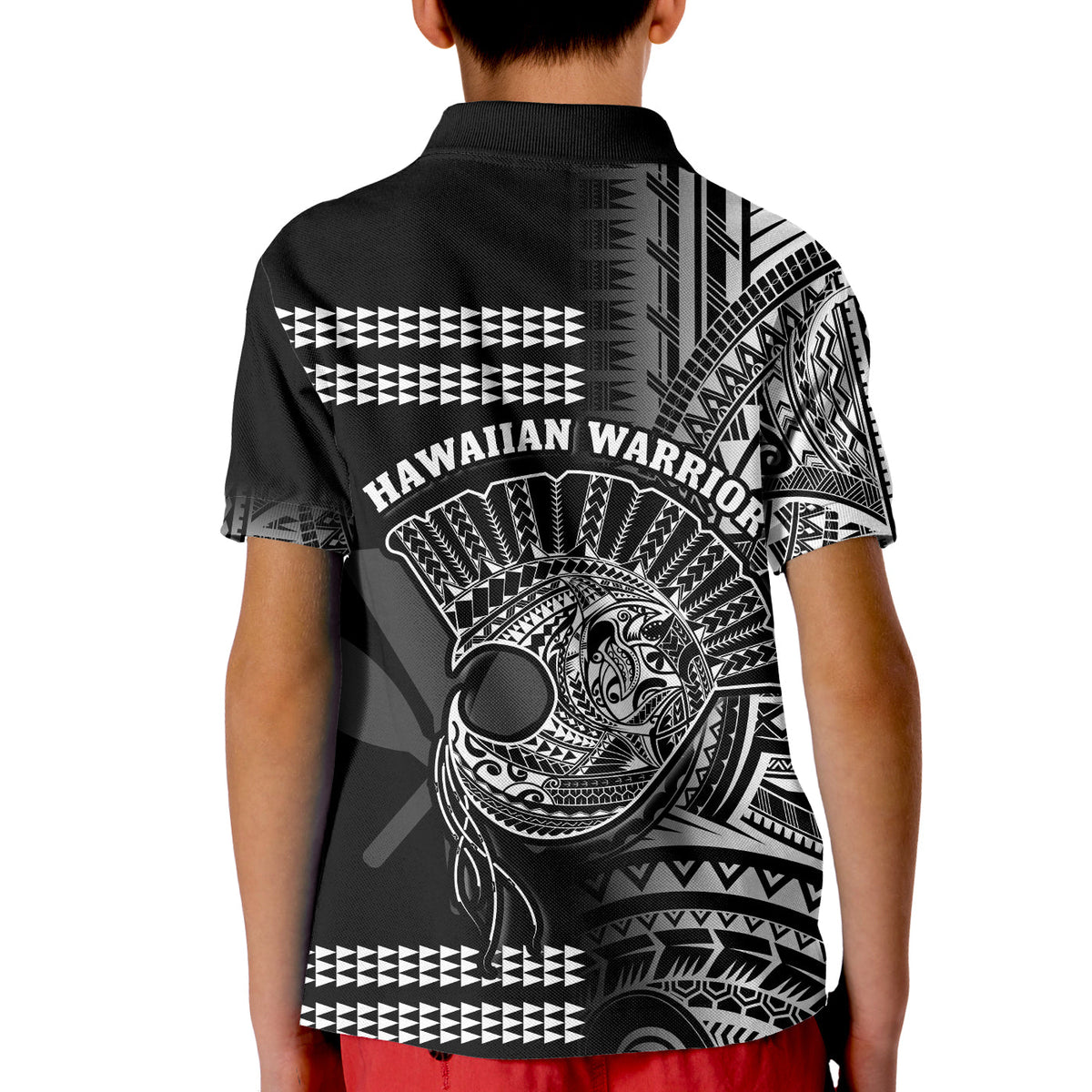 Hawaii Polo Shirt KID Kakau Warrior Helmet Gradient White Polynesian LT14 - Polynesian Pride