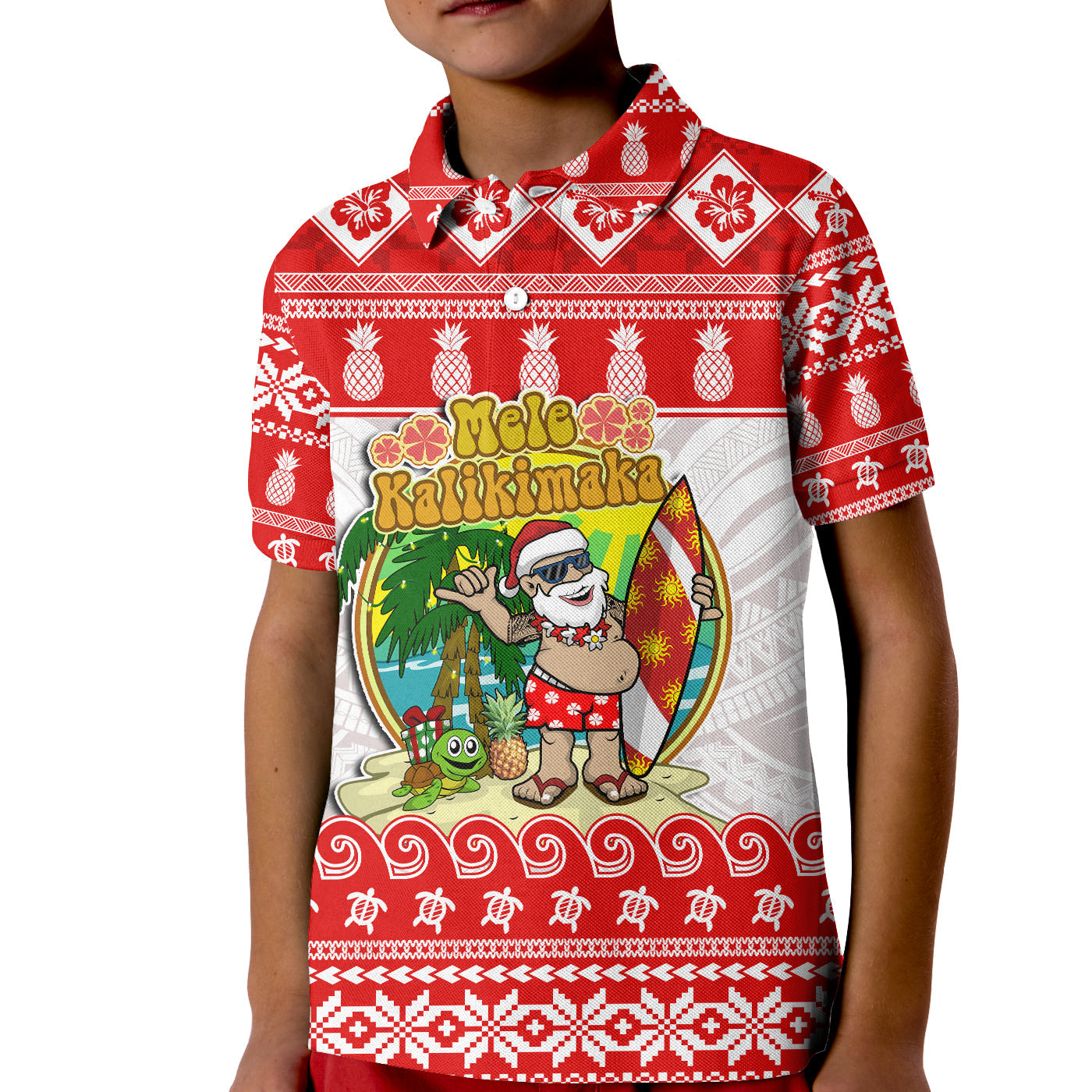 Hawaii Christmas Polo Shirt KID Kanaka Polynesian Santa Claus Mele Kalikimaka LT14 Kid Red - Polynesian Pride