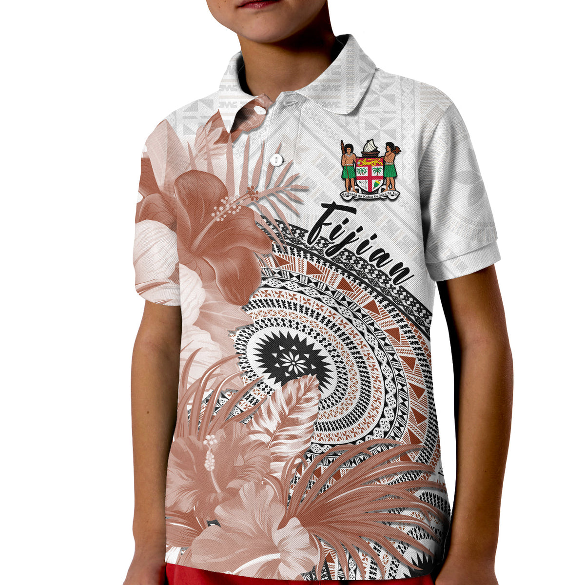 (Custom Personalised) Fiji Tapa Polo Shirt KID White Fijian Masi Be Loved Hibiscus LT13 - Polynesian Pride