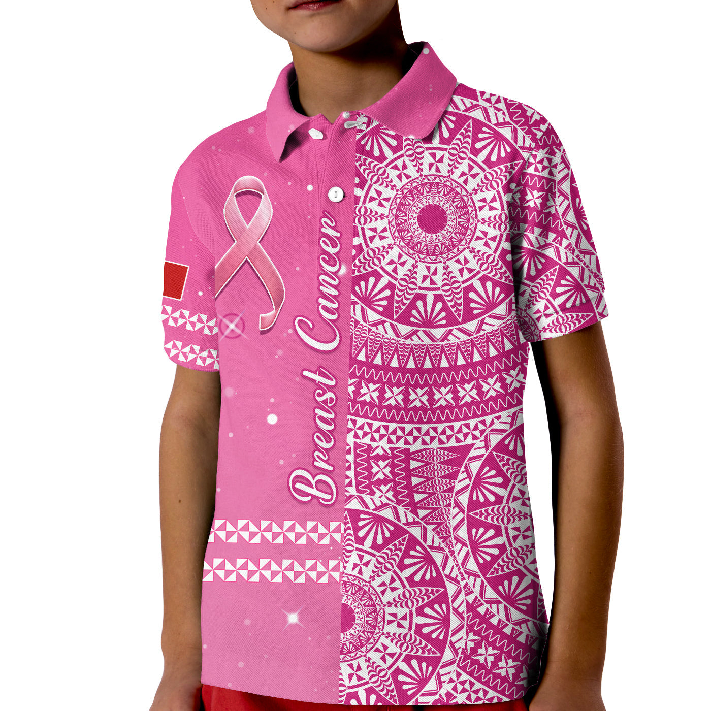 Tonga Breast Cancer Polo Shirt KID Tongan Ngatu Pattern No One Fights Alone LT14 Kid Pink - Polynesian Pride