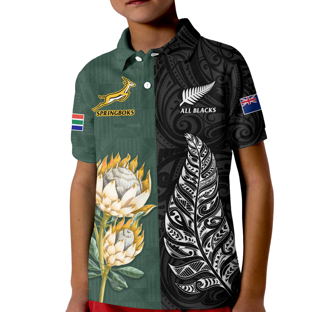(Custom Text and Number) South Africa Protea and New Zealand Fern Polo Shirt KID Rugby Go Springboks vs All Black LT13 - Polynesian Pride