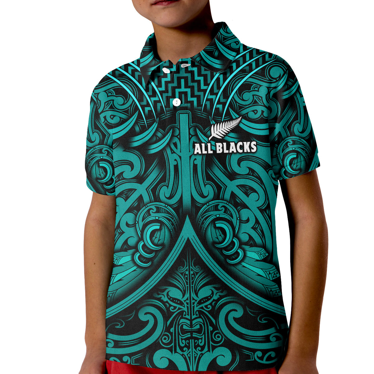 (Custom Text and Number) New Zealand Silver Fern Rugby Polo Shirt All Black Turquoise NZ Maori Pattern LT13 - Polynesian Pride