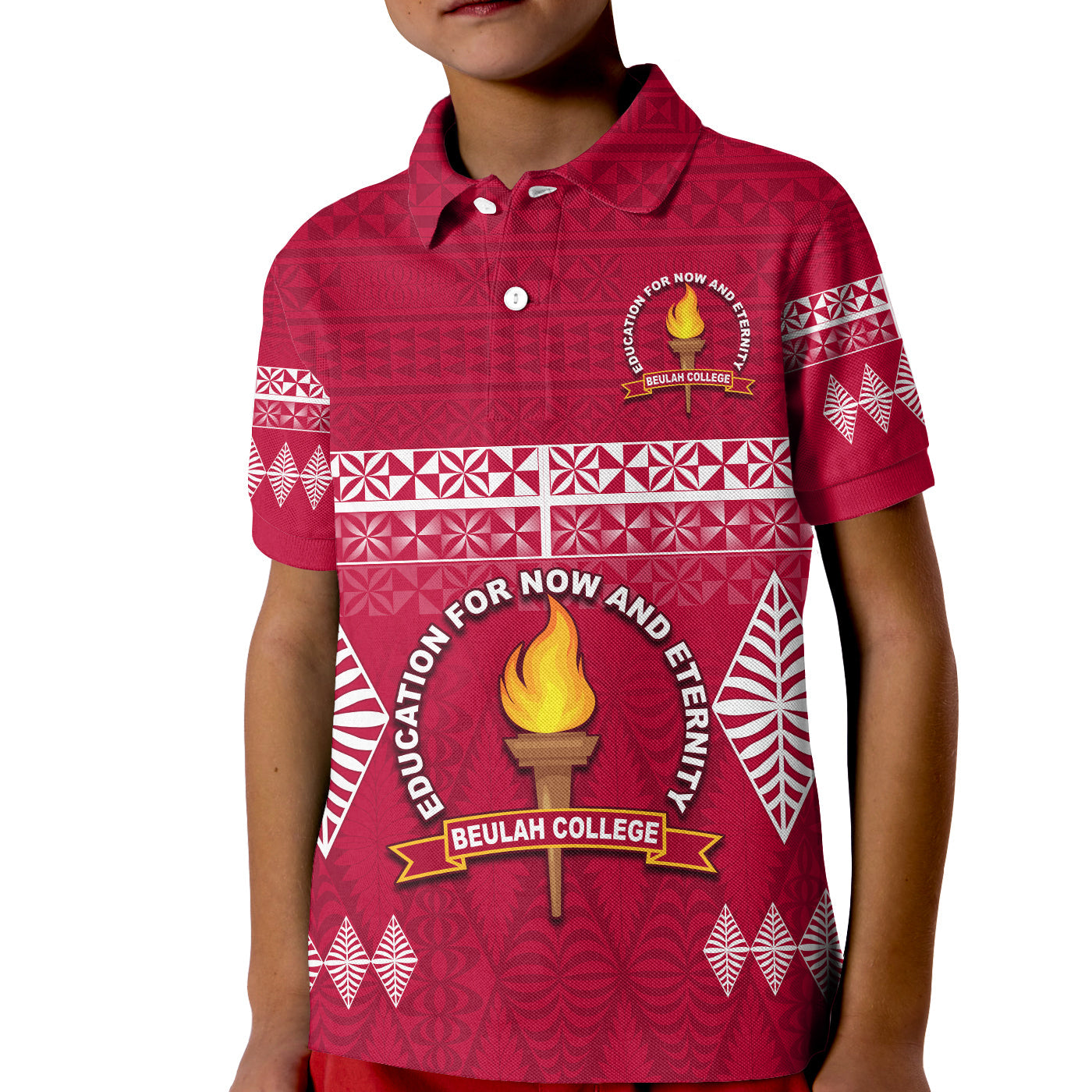 Beulah College Polo Shirt KID Ngatu Pattern Tonga LT13 Kid Maroon - Polynesian Pride