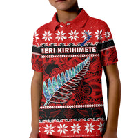 New Zealand Christmas Polo Shirt KID Paua Shell Silver Fern Meri Kirihimete LT14 Kid Red - Polynesian Pride