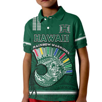 Hawaii Football Polo Shirt KID Kakau Rainbow Warriors Helmet Go Bows LT14 Kid Green - Polynesian Pride