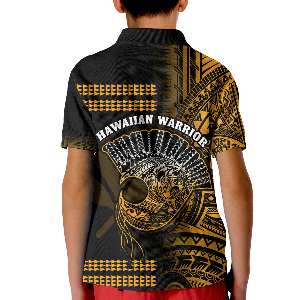 Hawaii Polo Shirt KID Kakau Warrior Helmet Gradient Gold Polynesian LT14 - Polynesian Pride
