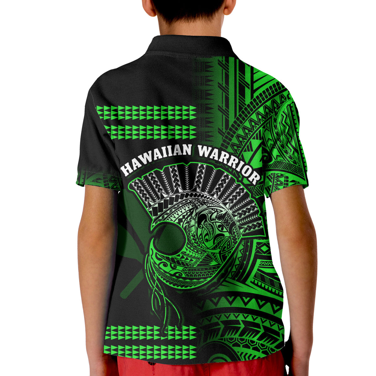 Hawaii Polo Shirt KID Kakau Warrior Helmet Gradient Green Polynesian LT14 - Polynesian Pride
