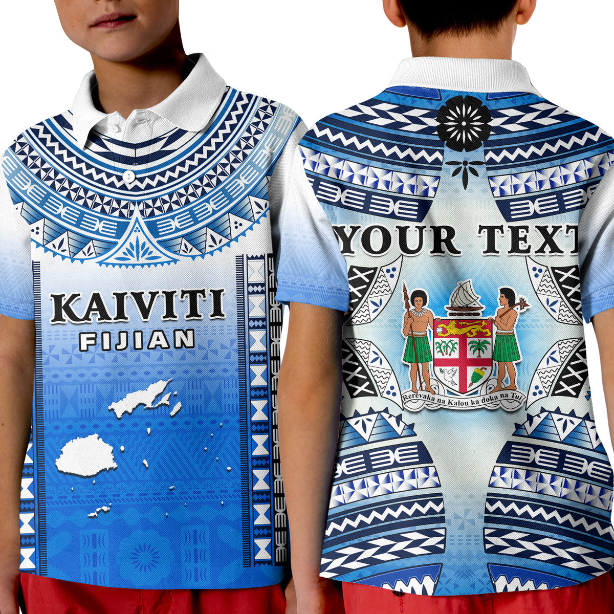 Custom Text and Number Fiji Polo Shirt Kaiviti Fijian Special Tapa Pattern LT14 Kid Blue - Polynesian Pride
