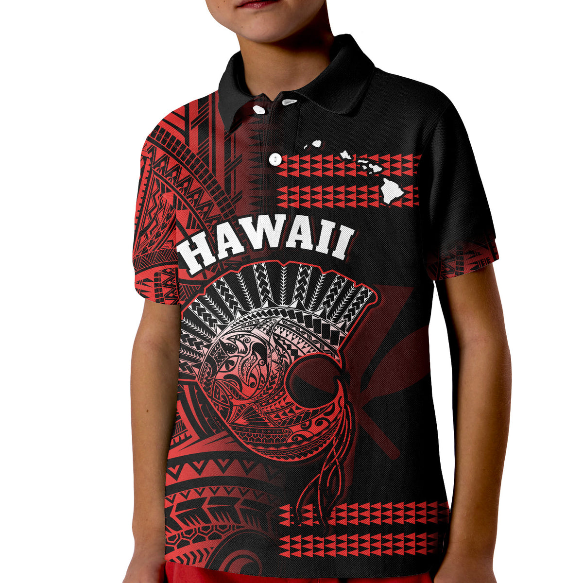 Hawaii Polo Shirt Kakau Warrior Helmet Gradient Red Polynesian LT14 - Polynesian Pride