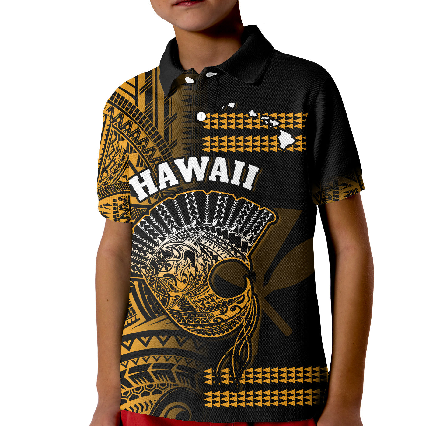 Hawaii Polo Shirt KID Kakau Warrior Helmet Gradient Gold Polynesian LT14 Kid Gold - Polynesian Pride