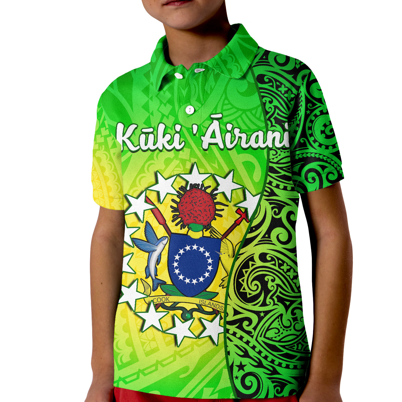 Cook Islands Polo Shirt KID Cook Islands Coat Of Arms Turtle Polynesian LT14 Kid Green - Polynesian Pride