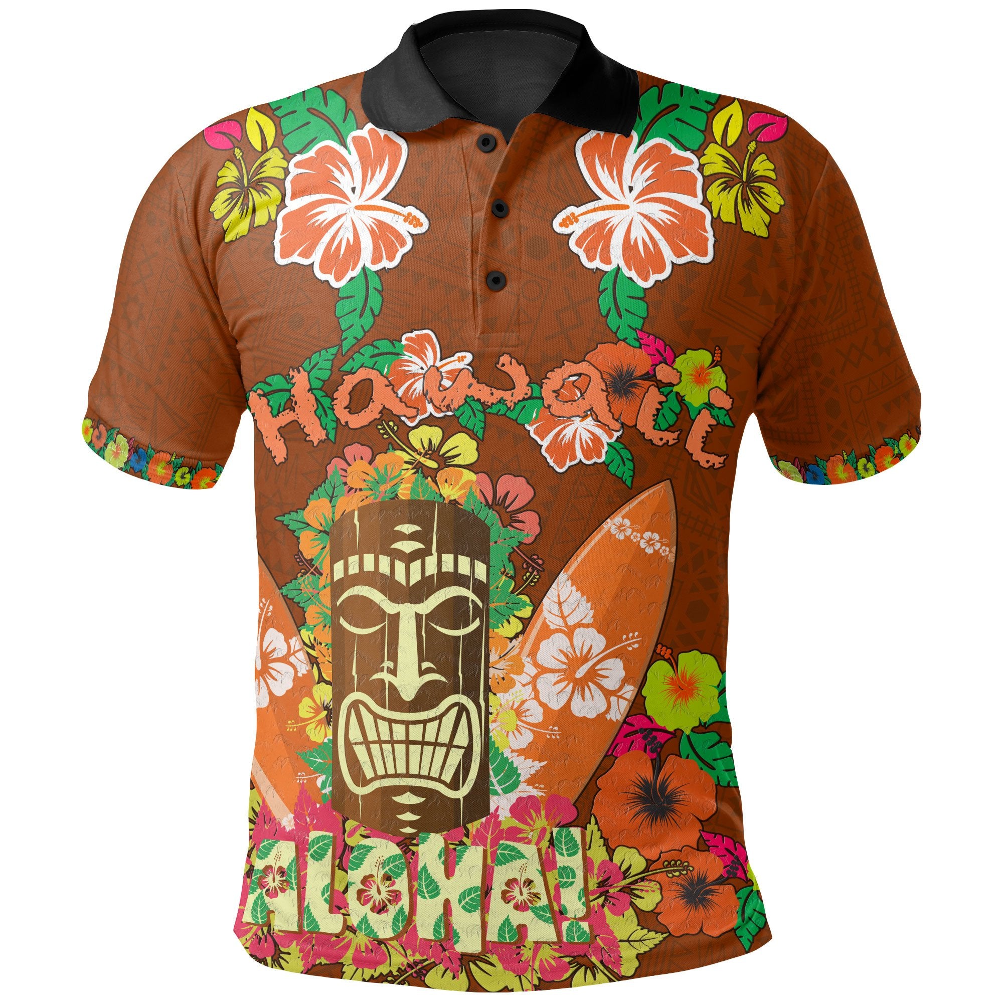 Hawaii All Over Polo Shirt Aloha Hawaii Tiki Statue(Brown) Unisex Brown - Polynesian Pride