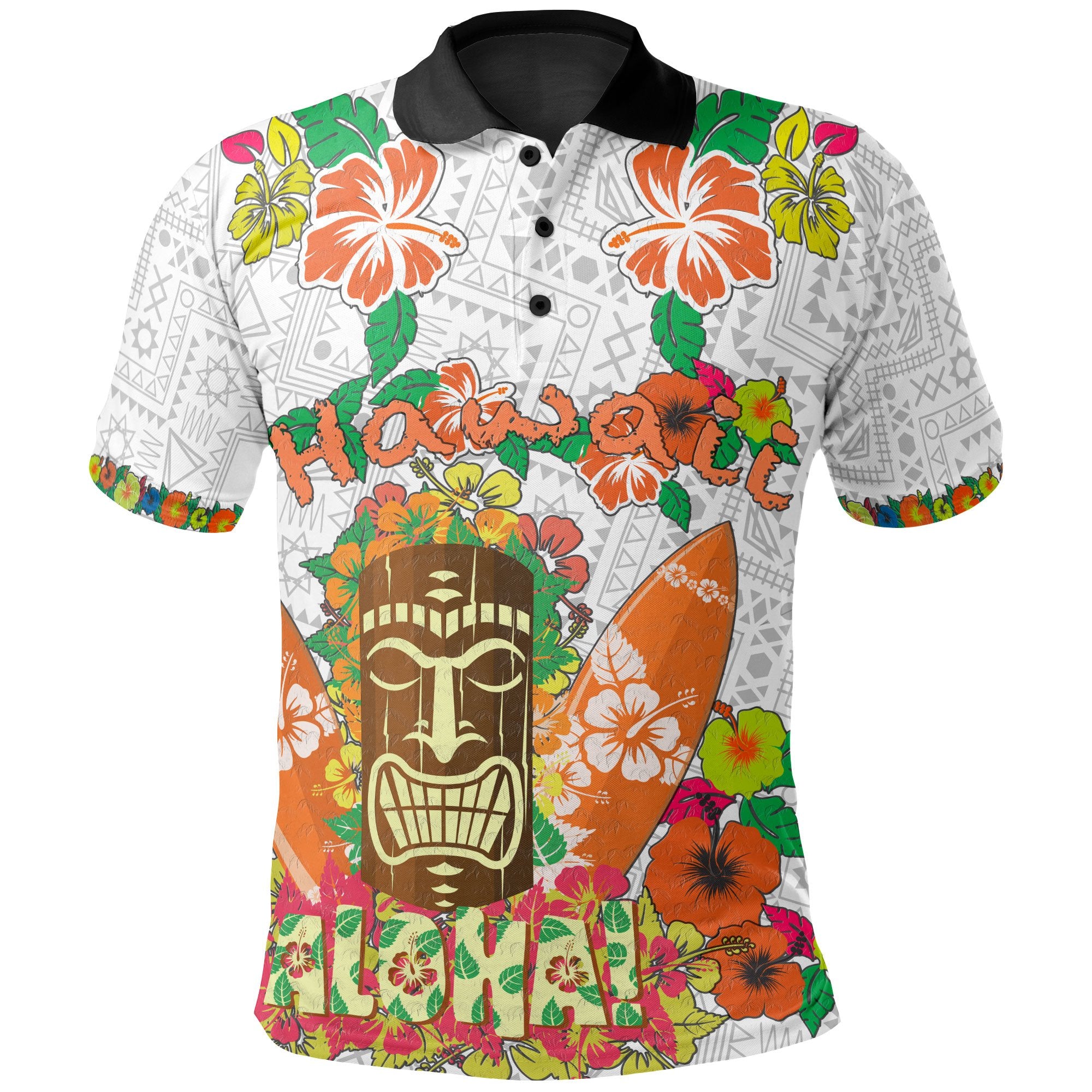 Hawaii All Over Polo Shirt Aloha Hawaii Tiki Statue(White) Unisex White - Polynesian Pride