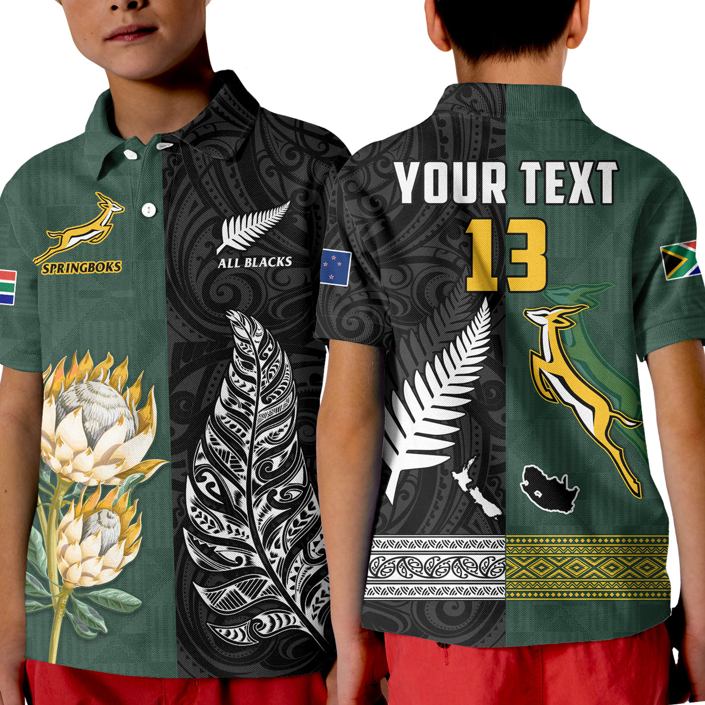 (Custom Text and Number) South Africa Protea and New Zealand Fern Polo Shirt Rugby Go Springboks vs All Black LT13 - Polynesian Pride