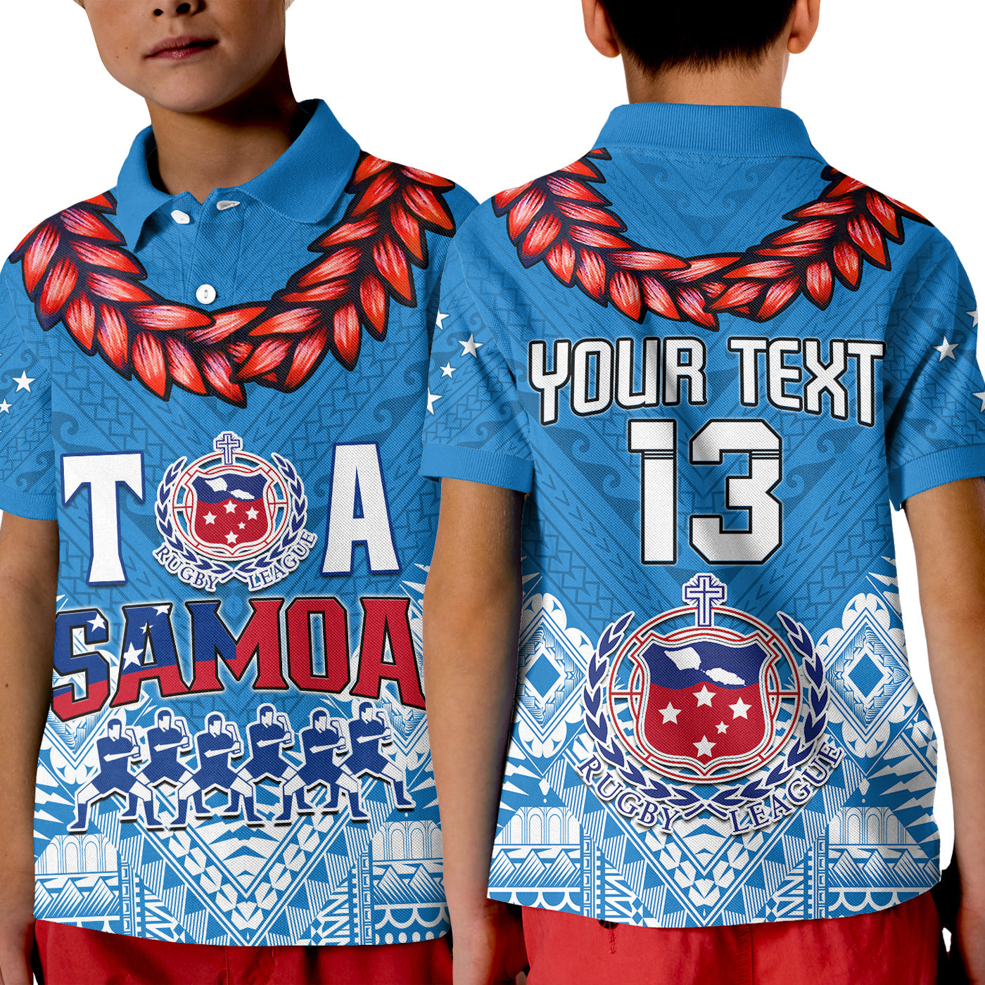 (Custom Personalise Text and Number) Toa Samoa Rugby Polo Shirt KID Manu Siva Tau Style Ulafala LT13 Kid Blue - Polynesian Pride