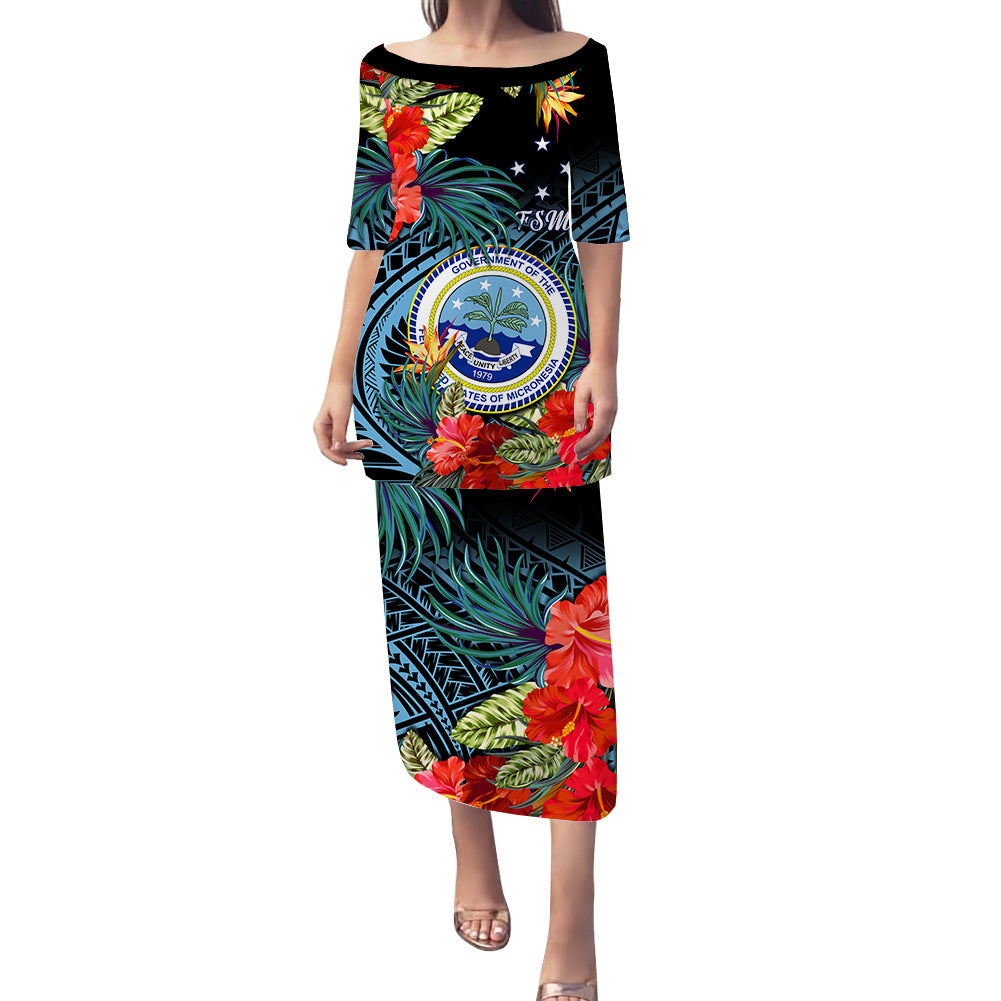 Federated States of Micronesia Puletasi Dress Hibiscus Flowers FSM Seal Polynesian LT14 Long Dress Black - Polynesian Pride