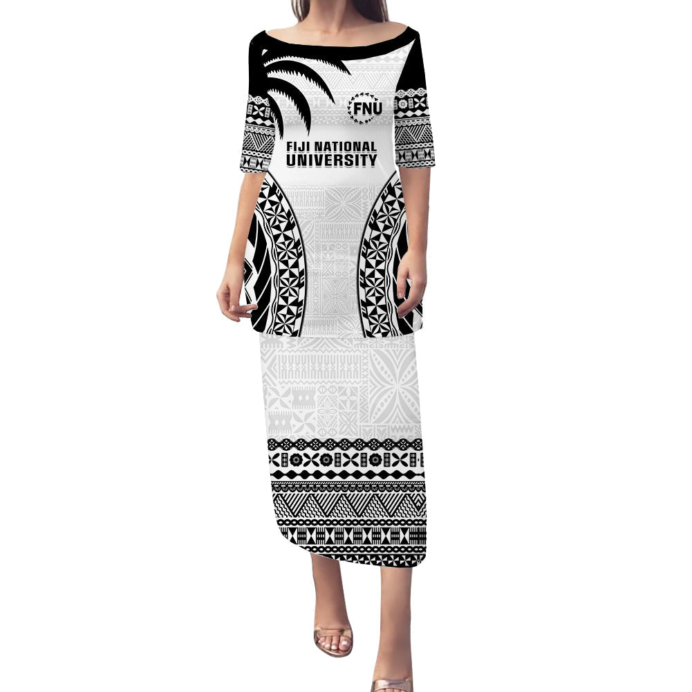 Fiji University Puletasi Dress National Fijian Tapa Pattern White LT14 Long Dress White - Polynesian Pride