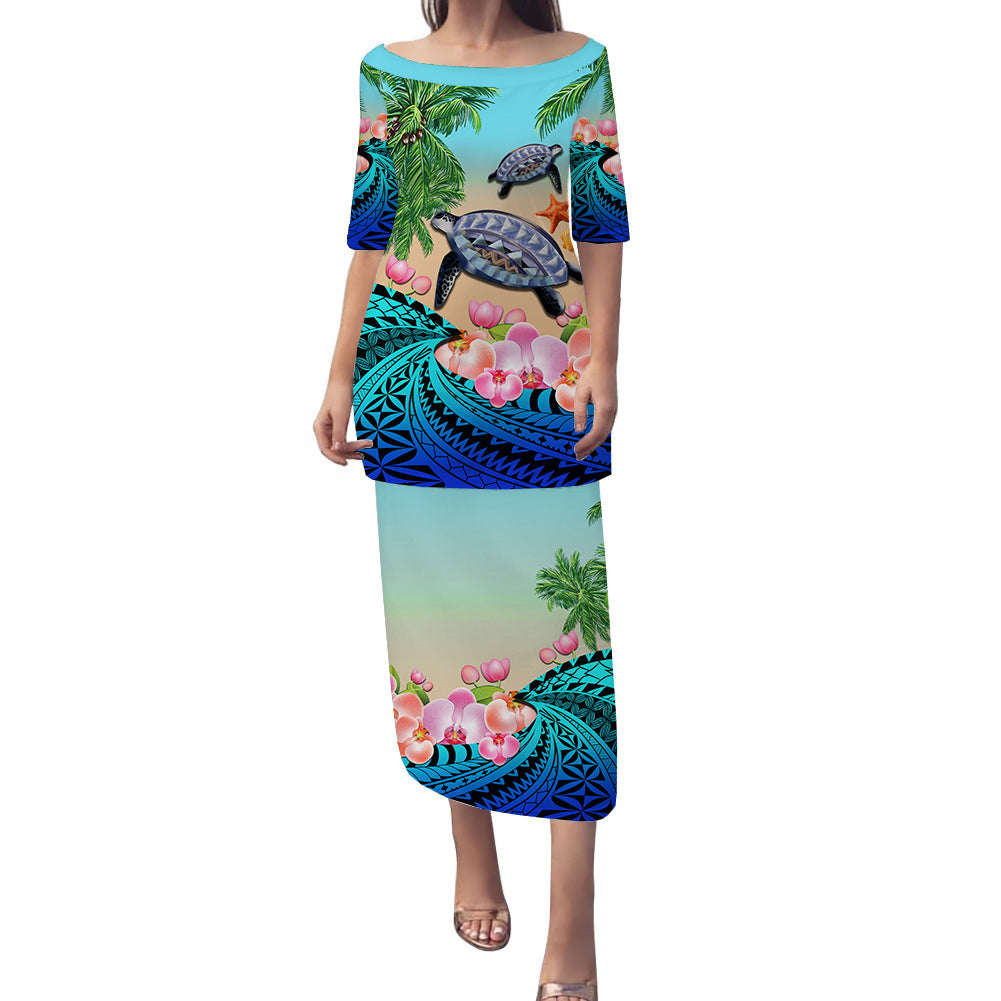 (Custom Personalised) Polynesian Turtle Coconut Tree And Orchids Puletasi Dress Style LT14 Blue - Polynesian Pride