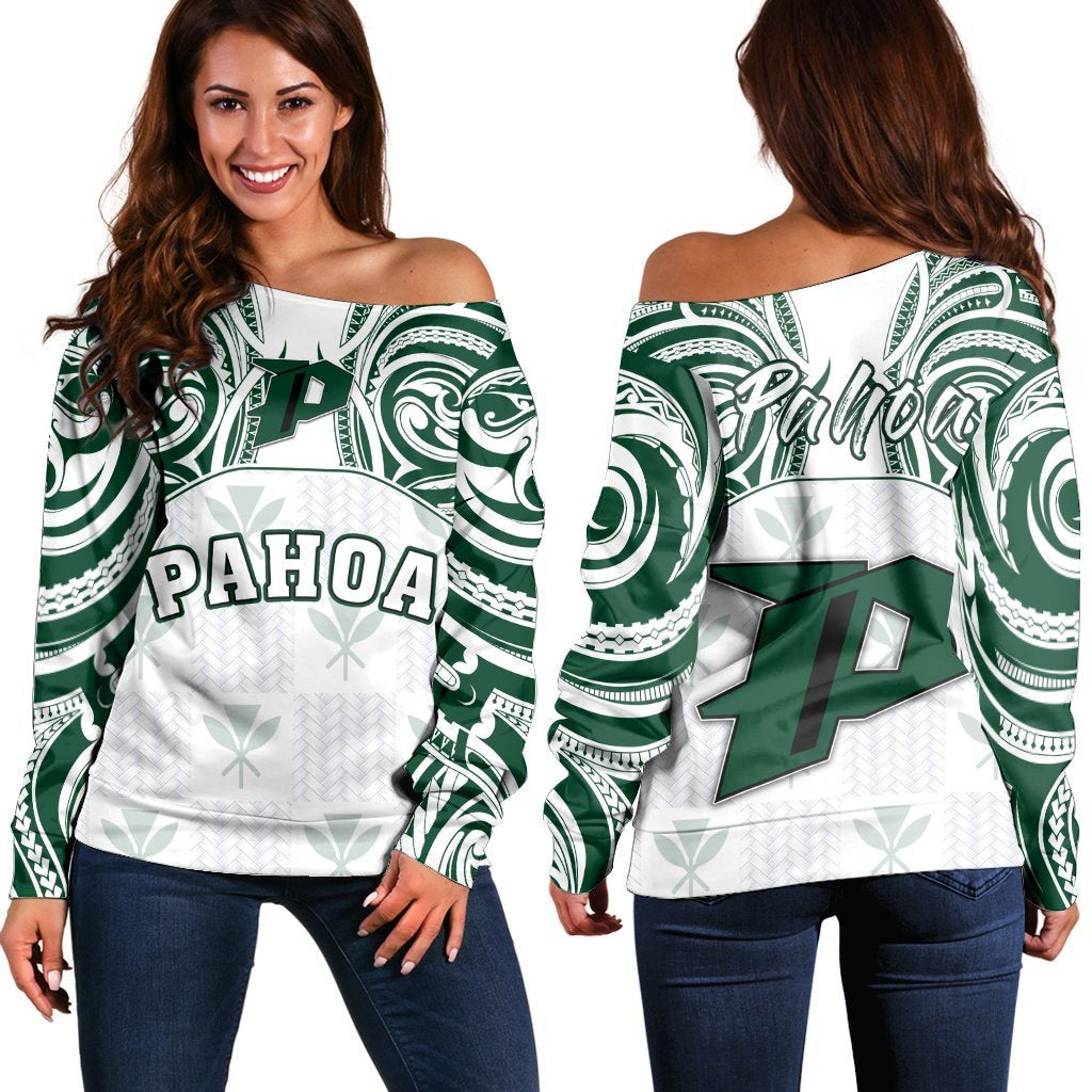 Hawaii - Kanaka Pahoa High School Off Shoulder Sweater Demodern Style AH White - Polynesian Pride