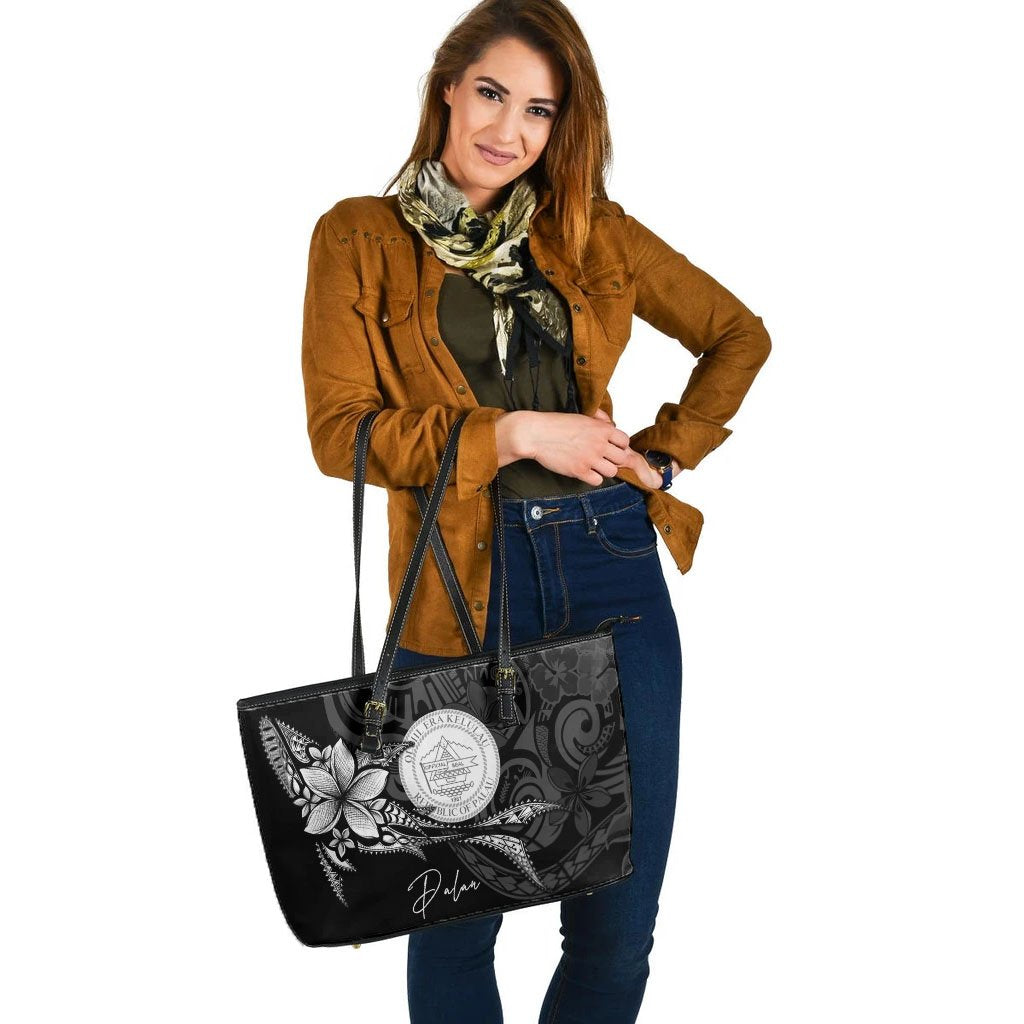 Palau Leather Tote - Fish With Plumeria Flowers Style - Polynesian Pride