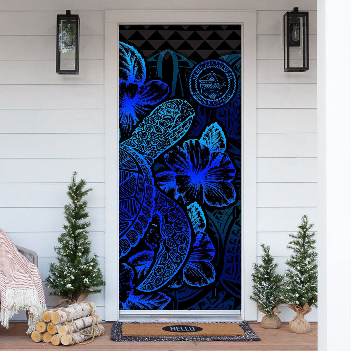 Palau Door Cover Turtle Hibiscus Blue - Polynesian Pride