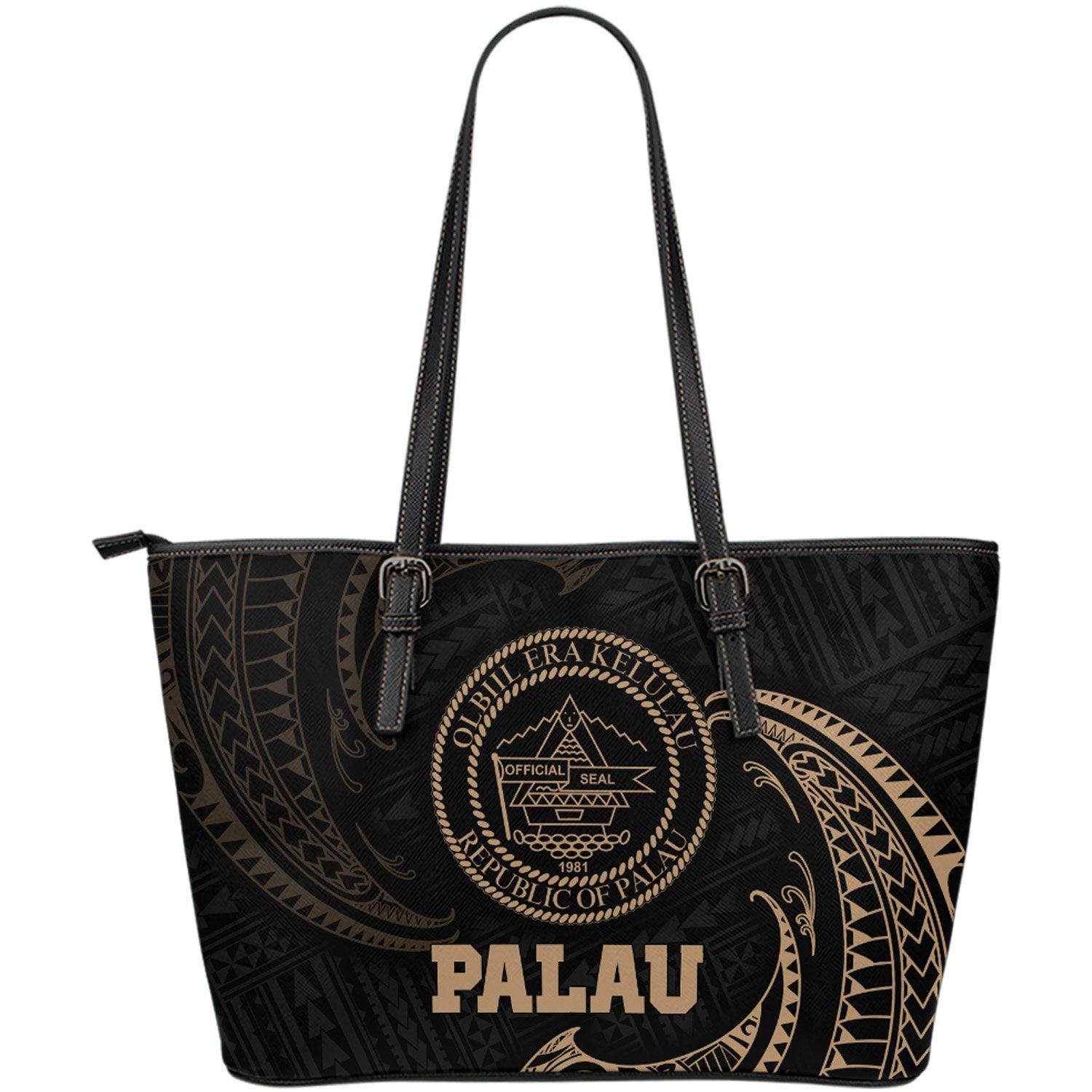 Palau Polynesian Leather Tote Bag - Gold Tribal Wave Black - Polynesian Pride