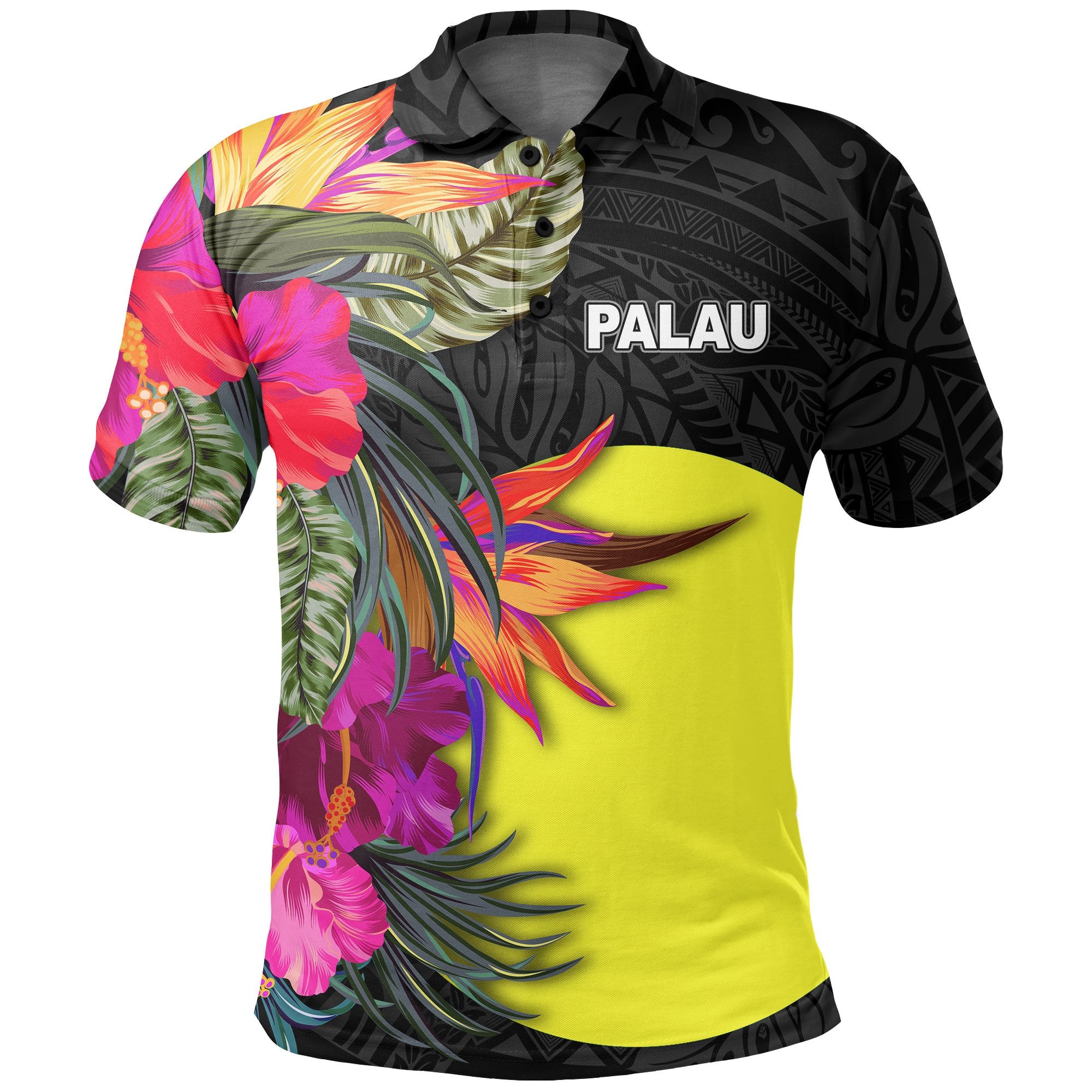 Palau Polo Shirt Hibiscus Polynesian Pattern Unisex Black - Polynesian Pride