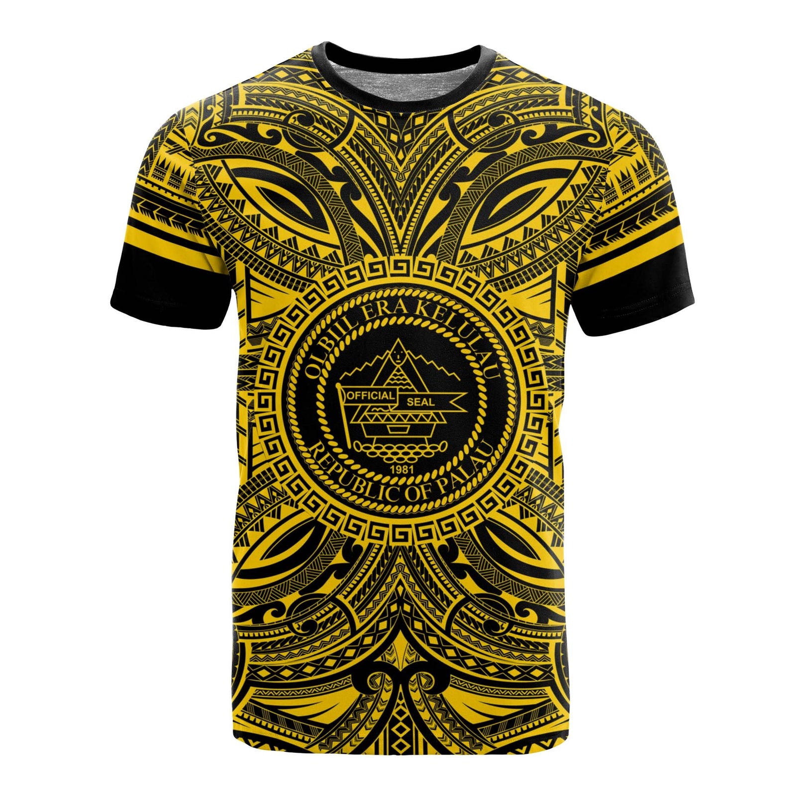 Palau All T Shirt Palau Coat Of Arms Polynesian Gold Black Unisex Gold - Polynesian Pride