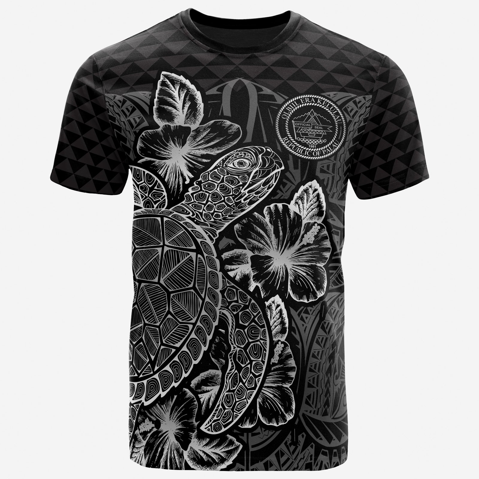 Palau T Shirt Palau Seal Turtle Hibiscus Black Unisex Black - Polynesian Pride