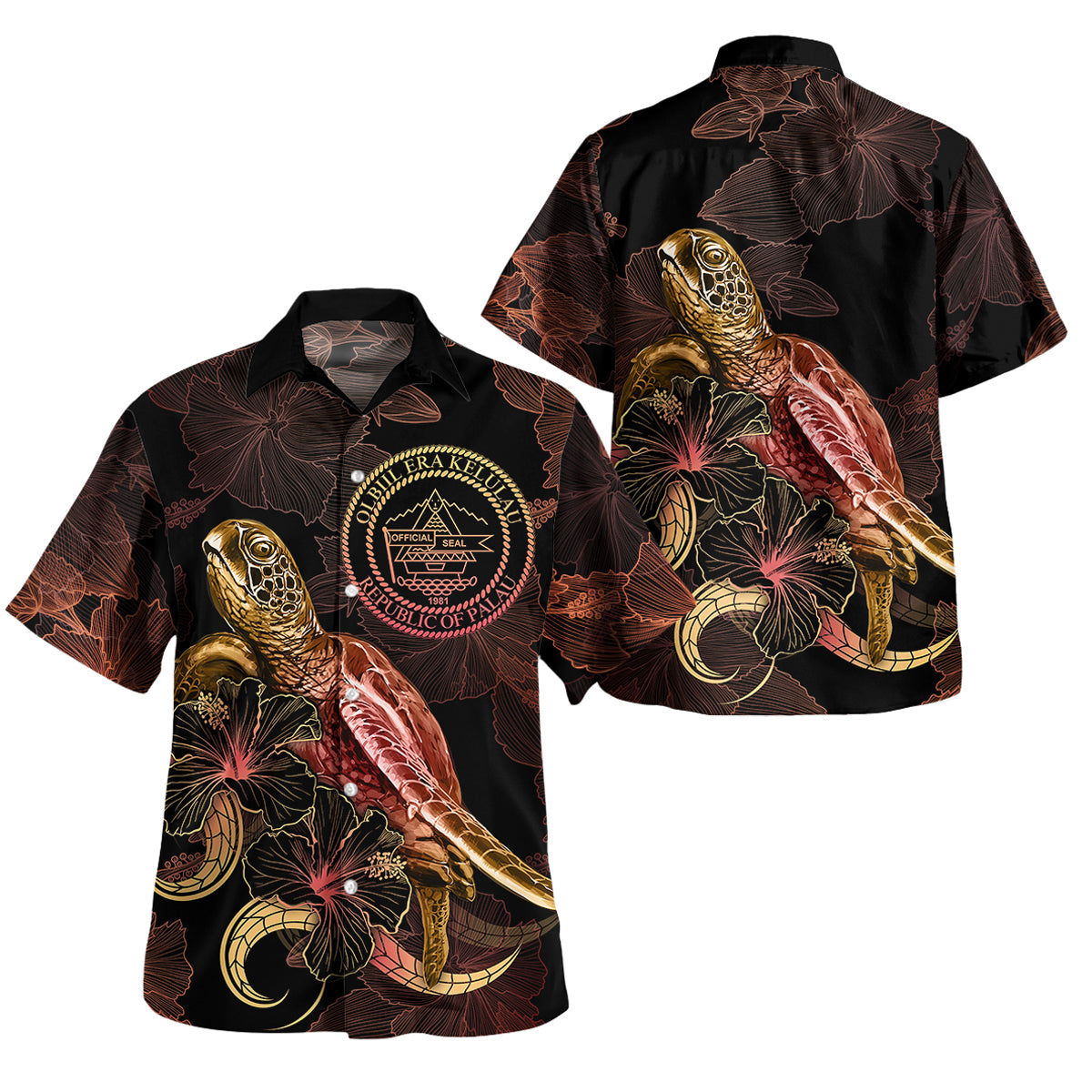 Palau Short Sleeve Shirt - Custom Palau Pride With Polynesian Turtle Blooming Hibiscus Gold Unisex Gold - Polynesian Pride
