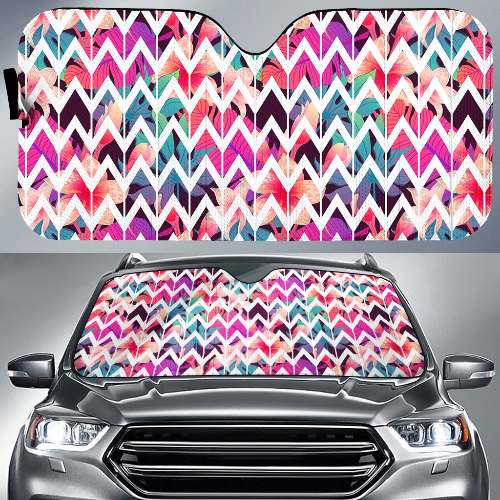Palm Foliage On Striped Zigzag Hawaii Car Sun Shade Auto Sun Shade Universal Fit White - Polynesian Pride