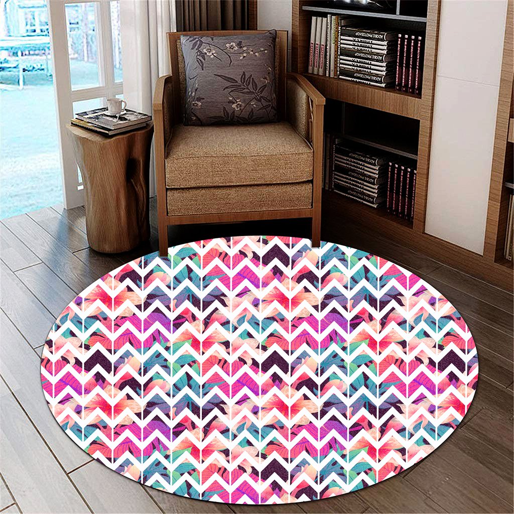 Palm Foliage On Striped Zigzag Round Carpet - AH Round Carpet Luxurious Plush - Polynesian Pride