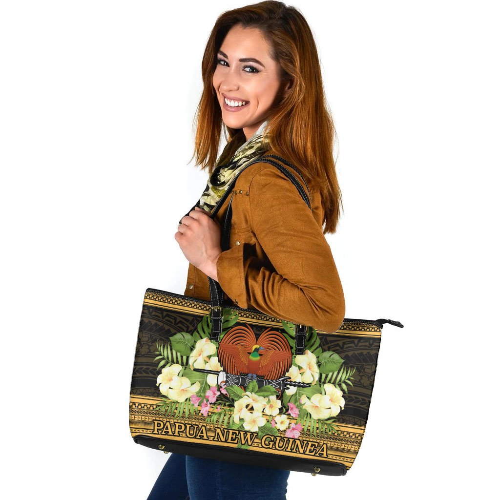 Papua New Guinea Leather Tote - Polynesian Gold Patterns Collection Black - Polynesian Pride