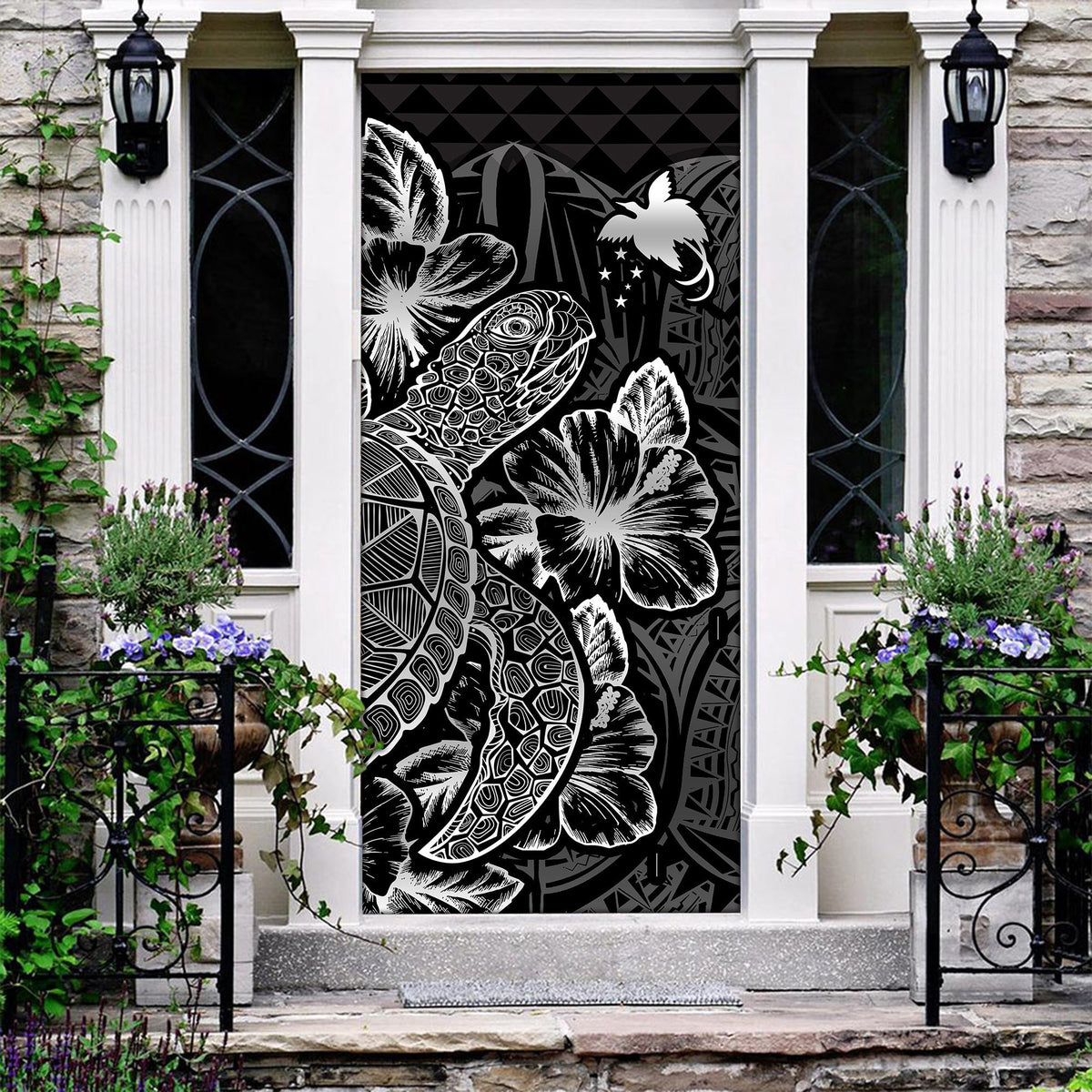 Papua New Guinea Door Cover Turtle Hibiscus Black Black - Polynesian Pride