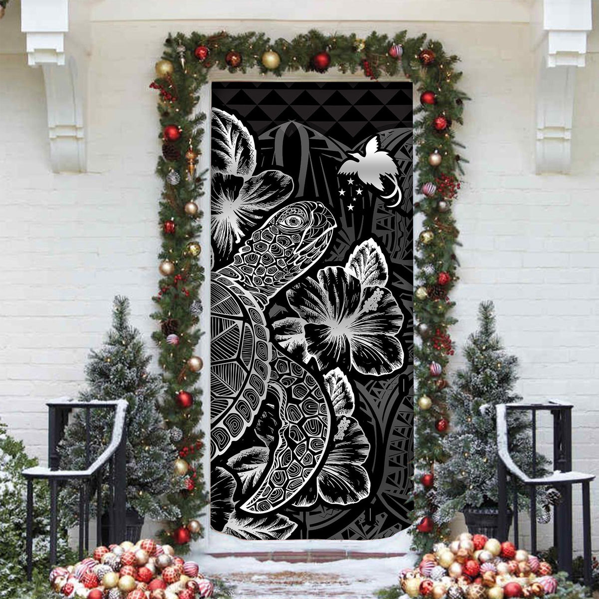 Papua New Guinea Door Cover Turtle Hibiscus Black - Polynesian Pride