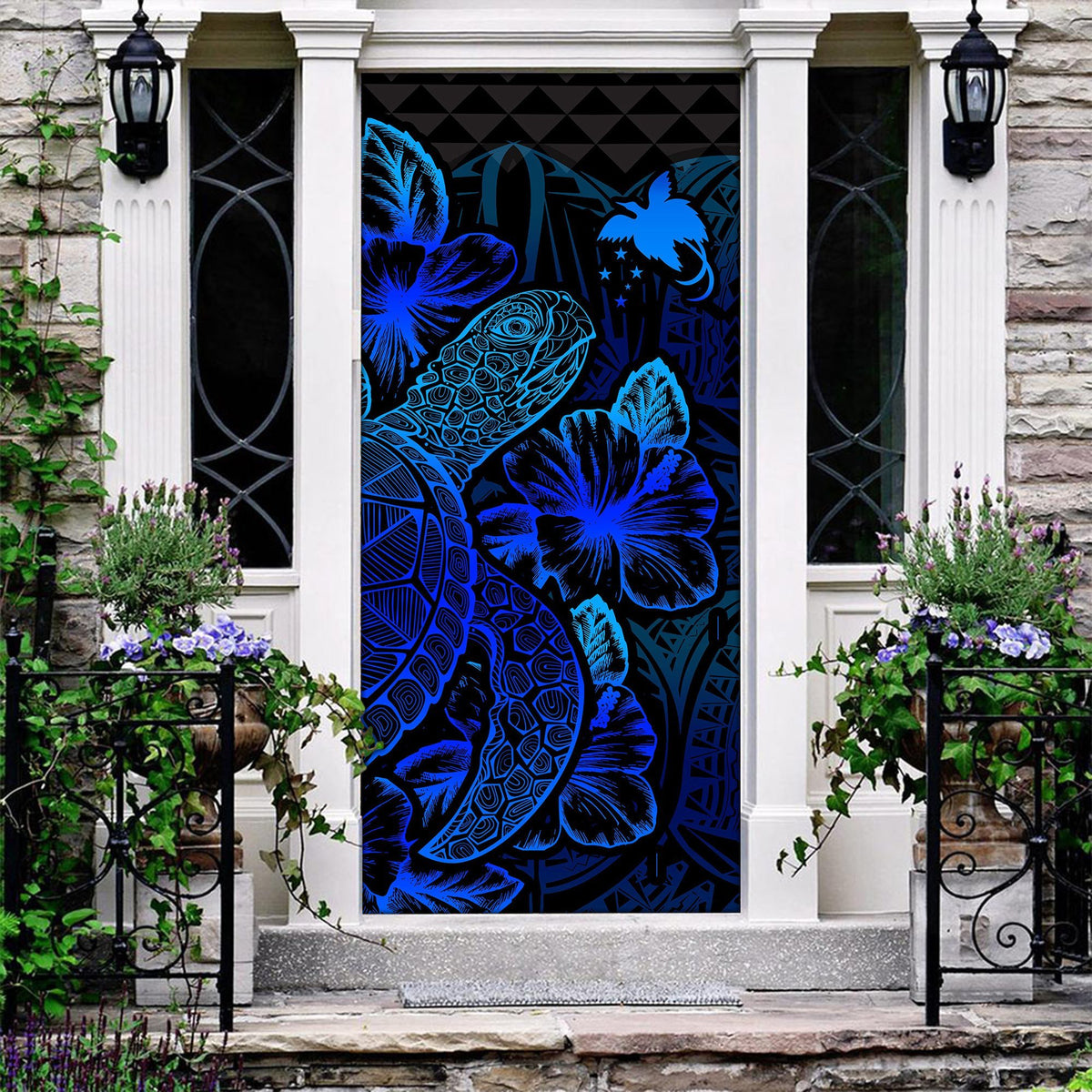 Papua New Guinea Door Cover Turtle Hibiscus Blue Blue - Polynesian Pride