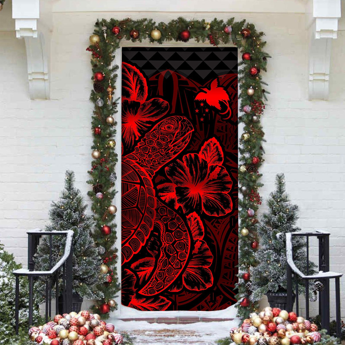 Papua New Guinea Door Cover Turtle Hibiscus Red - Polynesian Pride