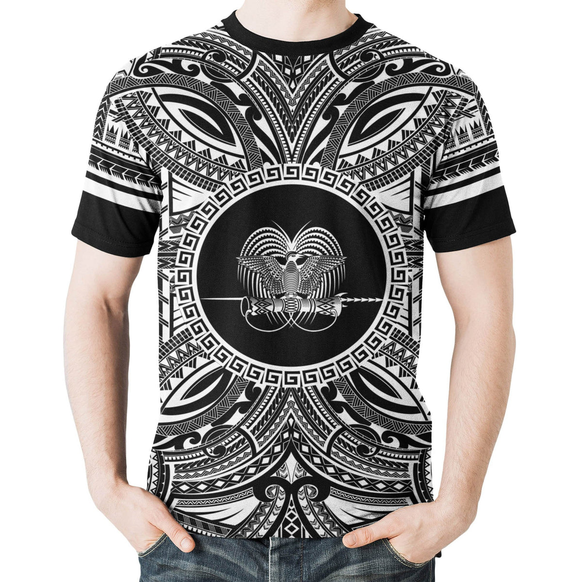 Papua New Guinea All T Shirt Papua New Guinea Coat Of Arms Polynesian White Black - Polynesian Pride