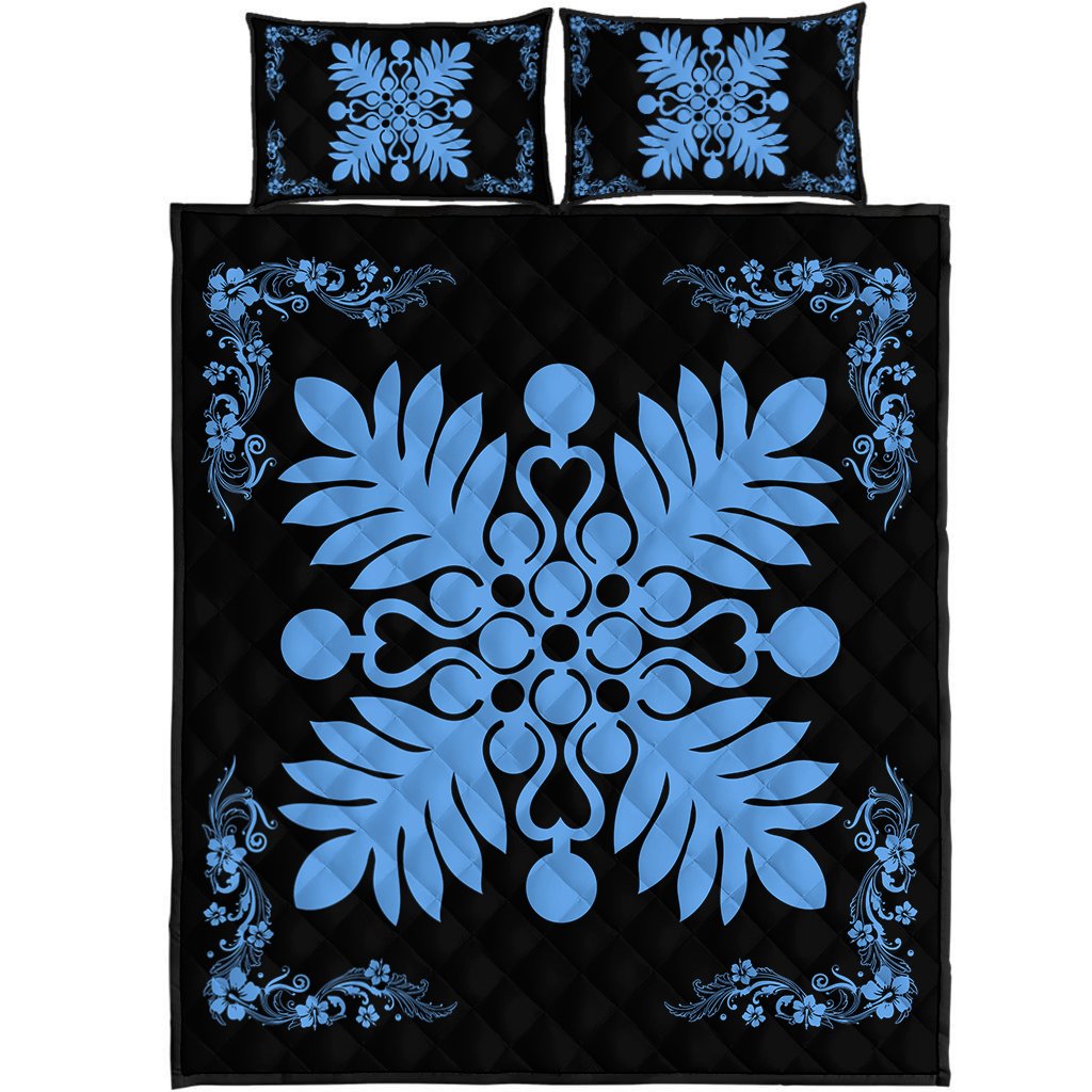 Hawaiian Quilt Maui Plant And Hibiscus Pattern Quilt Bed Set - Pastel Black - AH Pastel - Polynesian Pride