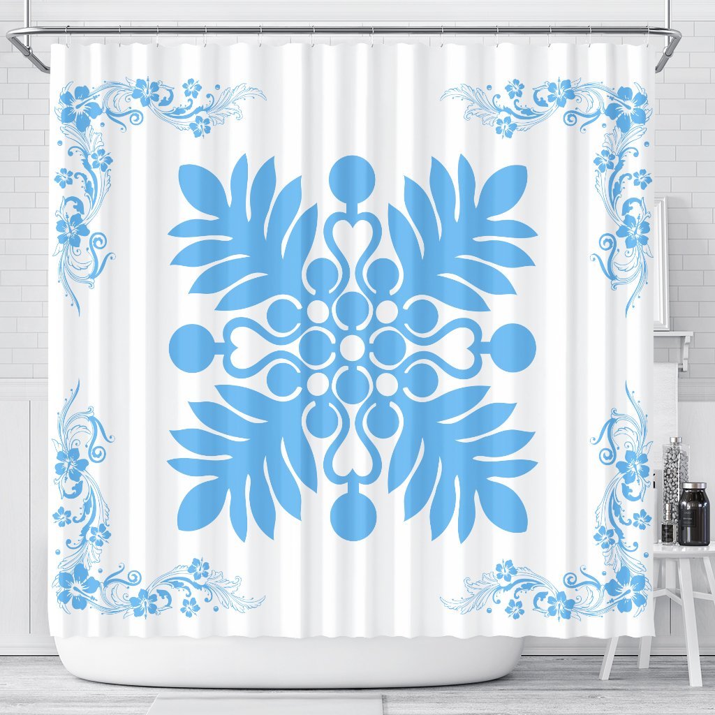 Hawaiian Quilt Maui Plant And Hibiscus Shower Curtain - Pastel White - AH 177 x 172 (cm) Pastel - Polynesian Pride