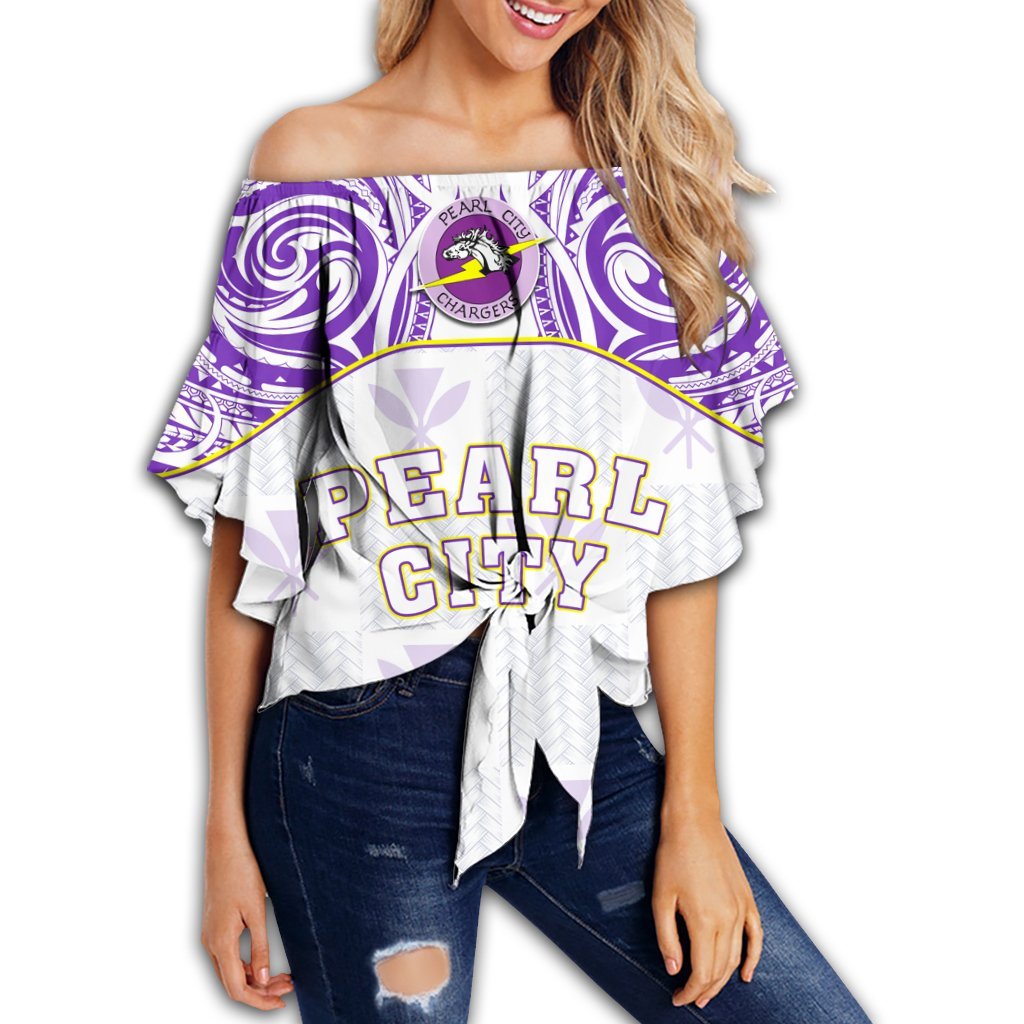 Hawaii - Kanaka Pearl City High School Off Shoulder Waist Wrap Top Demodern Style AH Female White - Polynesian Pride