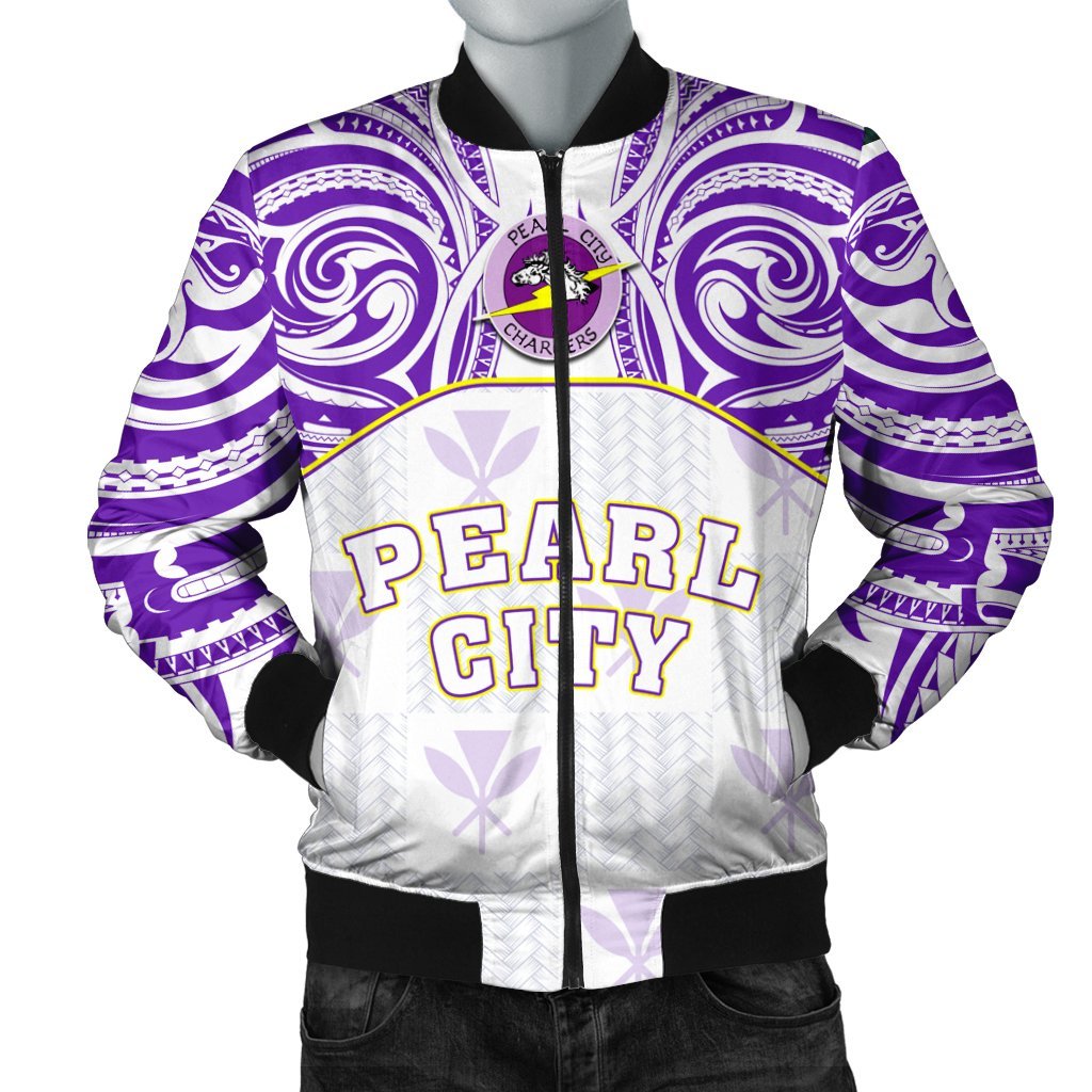 hawaiiMen's Bomber Jacket - Kanaka Pearl City High School Men's Bomber Jacket Demodern Style AH White - Polynesian Pride